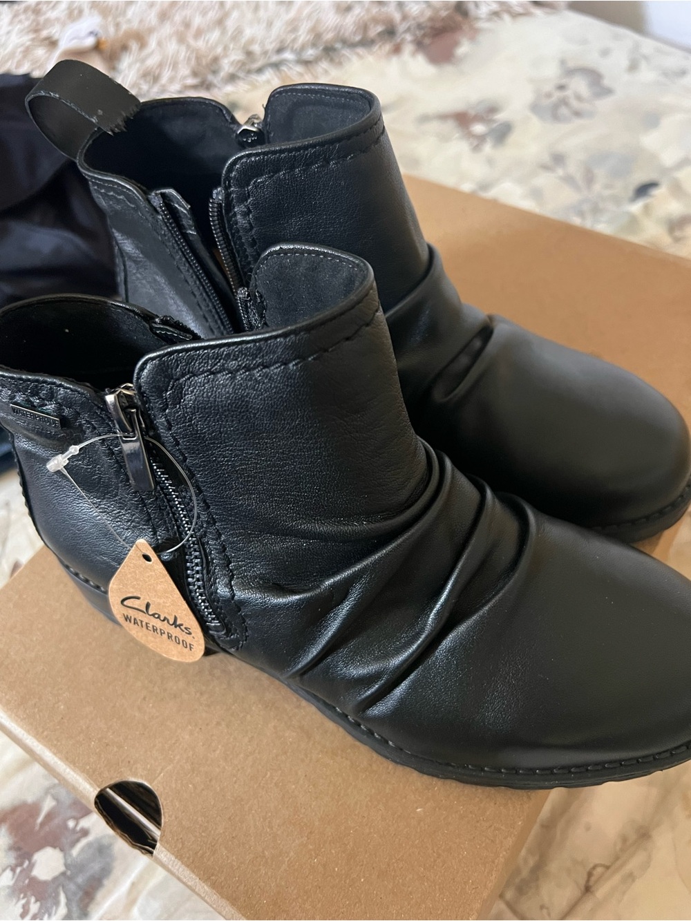 Clarks Black Leather Waterproof Ankle Boot with Side Zipper
